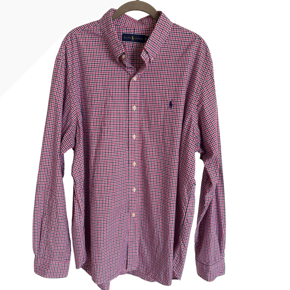 Ralph Lauren Mens XL Gingham Check‎ Button Down Shirt Patriotic Red 100% Cotton